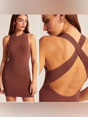 Abercrombie & Fitch Ribbed Cross-Back Mini Dress in Brown